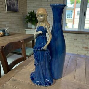 Blue Porcelain Lady Figurine Bud Vase Art Deco Style Elegant Female Sculpture